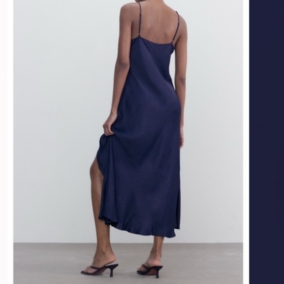 Zara Deep Blue/Navy Satin Midi Dress Sz S - Picture 6 of 8